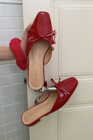 Bow On It Faux Patent Mules in Carmine Red