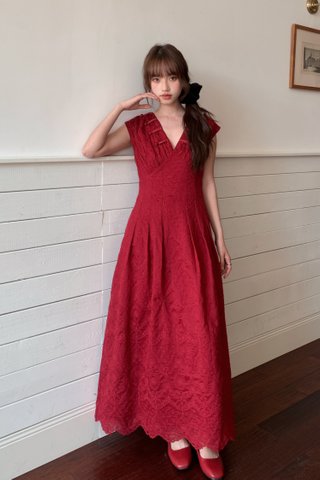 Freesia Embroidered Floral Dress in Red