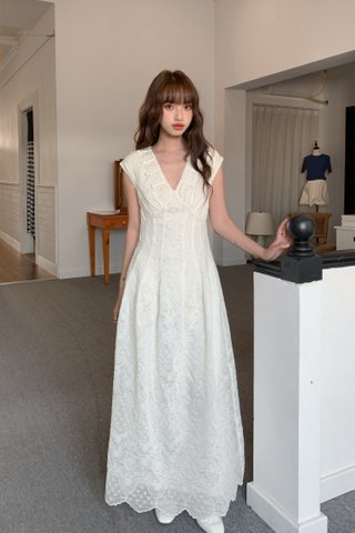 Freesia Embroidered Floral Dress in Cream White